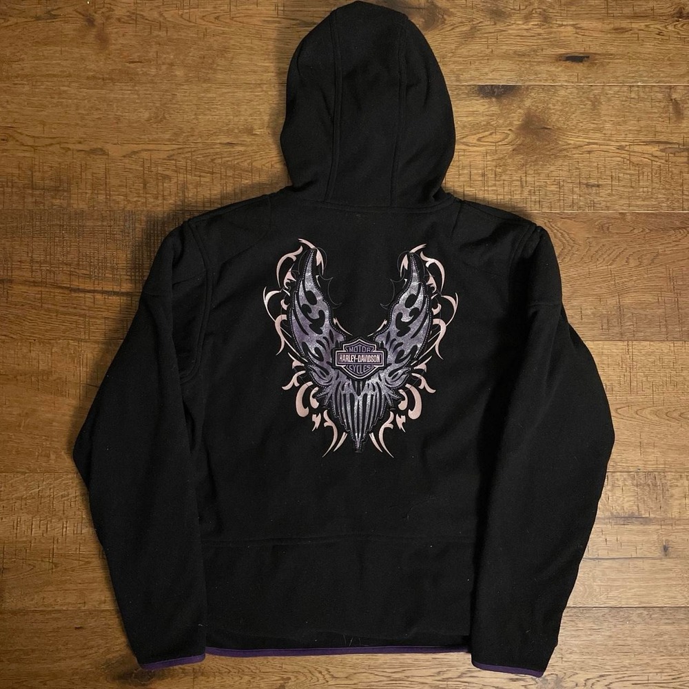 Harley Davidson Fleece Hoodie Womens XL Black Purple Biker Tribal Butterfly Zip